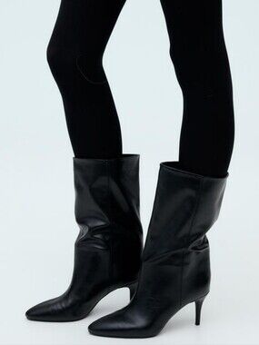 Zara Black Vegan Leather Heeled Boots Size 36/6